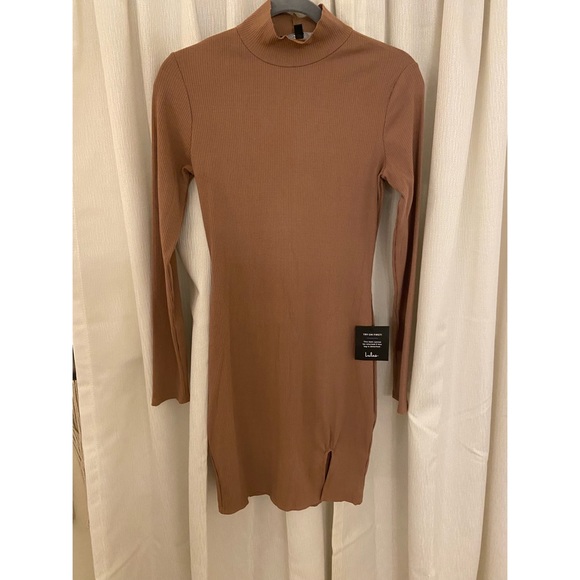 NWT Lulu's Sweet Season Tan Ribbed Mock Neck Long Sleeve Bodycon Dress - Picture 5 of 8